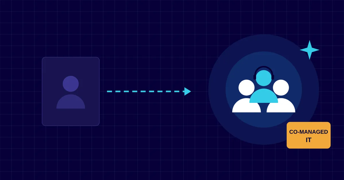 Illustration of a single IT person connected to a support team with a headset