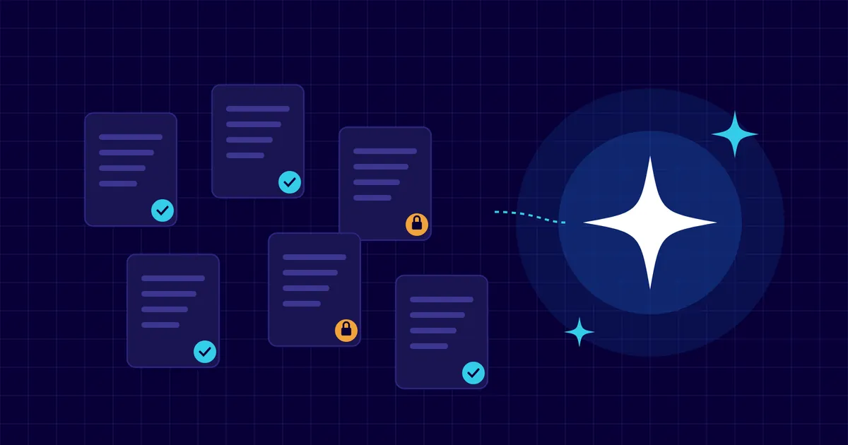 Illustration of documents with checkmarks and padlocks connected to a Copilot sparkle, representing data access and permissions