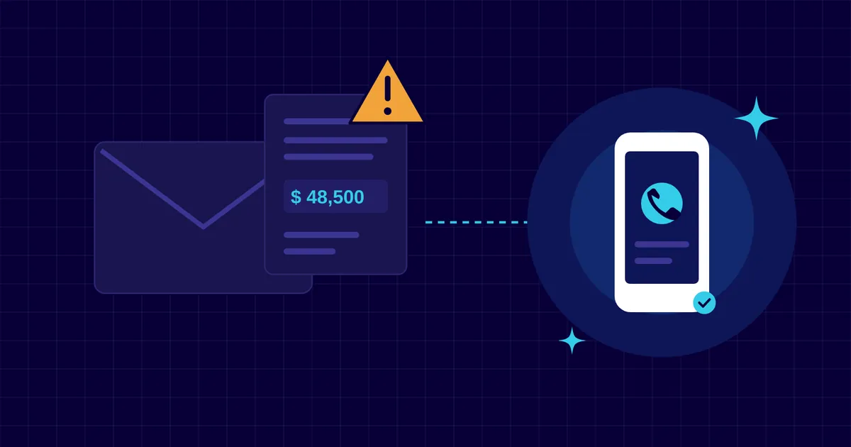 Illustration of an email and an invoice with a warning sign, connected to a phone with a checkmark representing a verification call