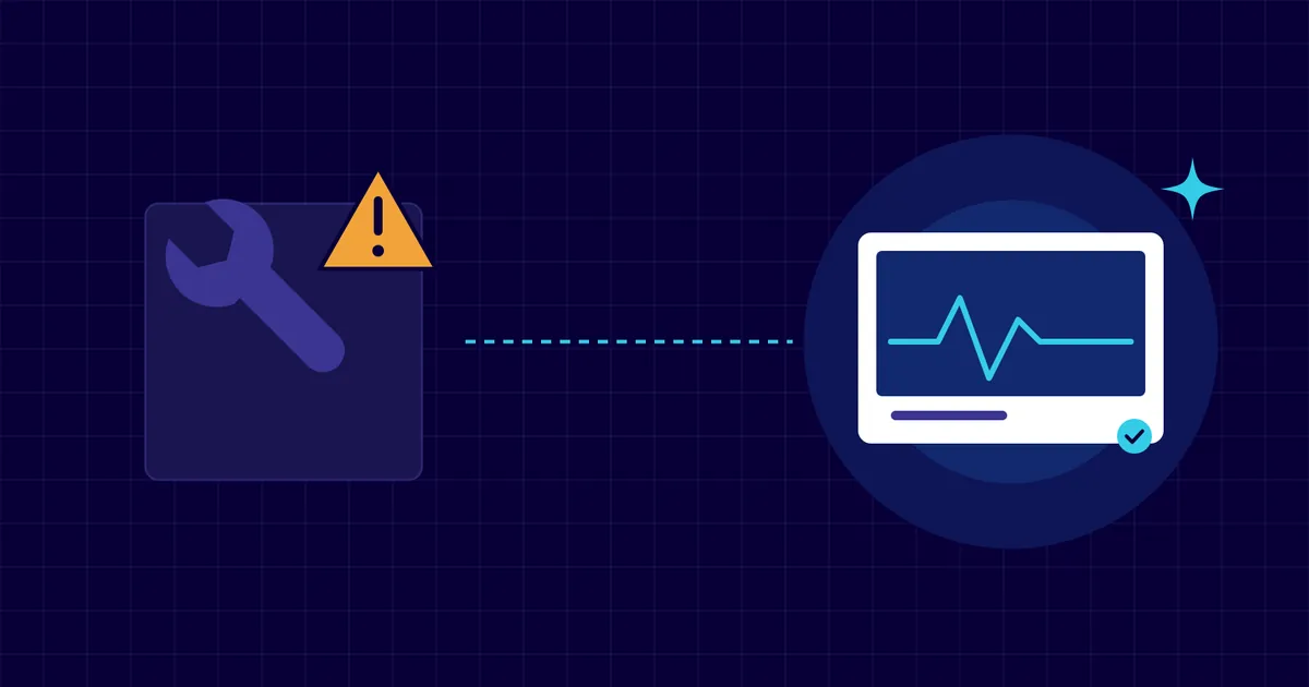Illustration of a wrench with a warning sign beside a monitoring dashboard with a checkmark