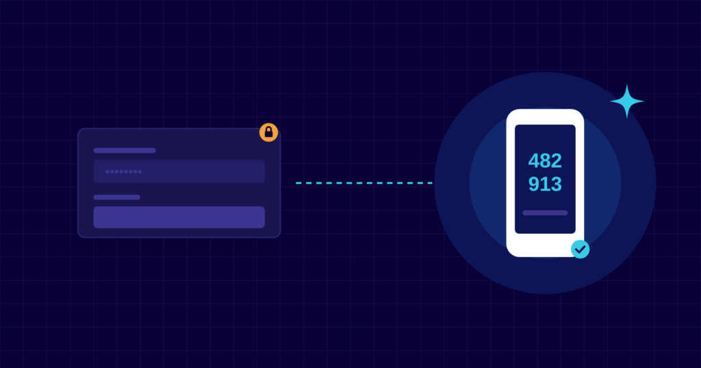 Illustration of a password sign-in box with a padlock connected to a phone showing a six-digit code
