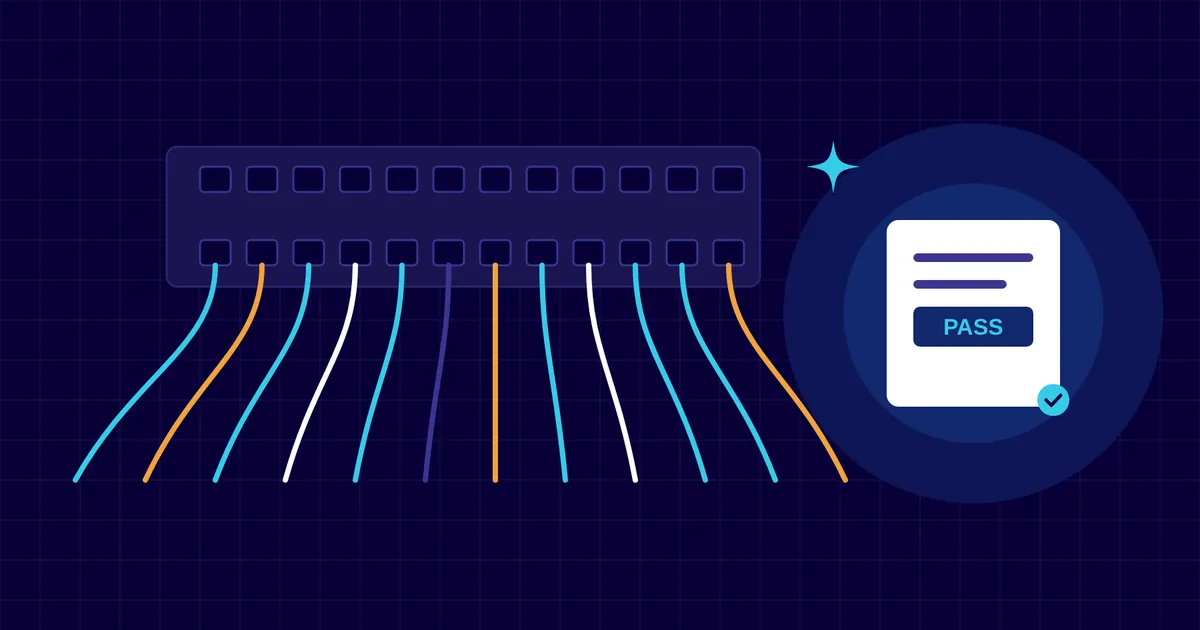 Illustration of a network patch panel with colour-coded cables and a test report marked PASS