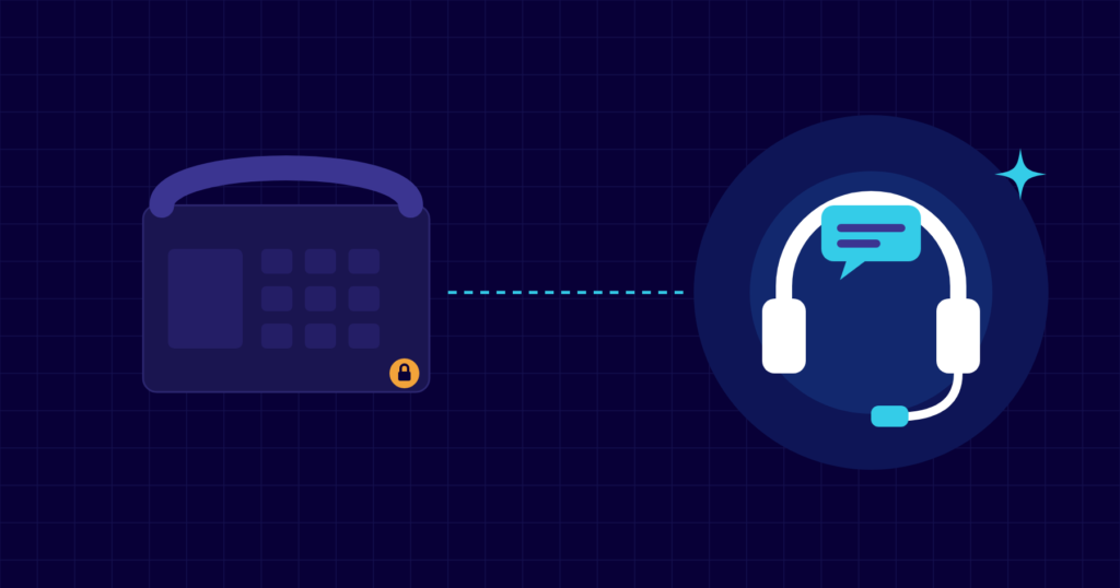 Illustration of a traditional desk phone connected to a headset with a chat bubble representing cloud calling