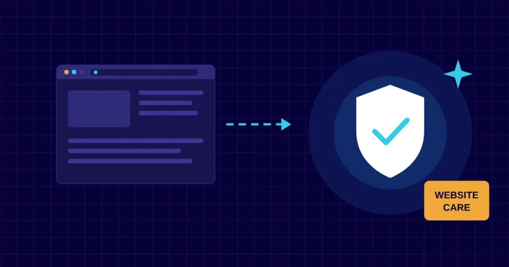 Illustration of a website in a browser window beside a shield with a tick